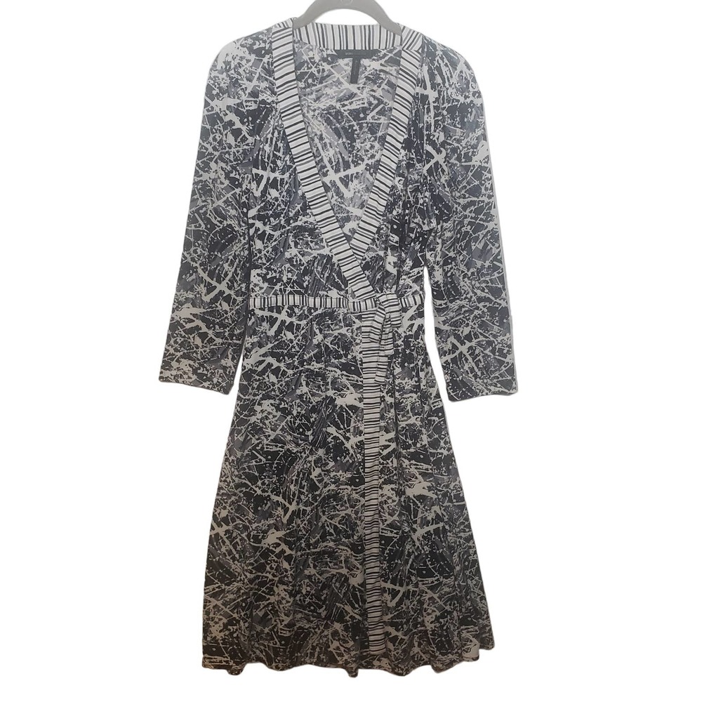 BCBG MAXAZRIA Wrap Dress L Black Combo Gray Stretch Tie Belt
